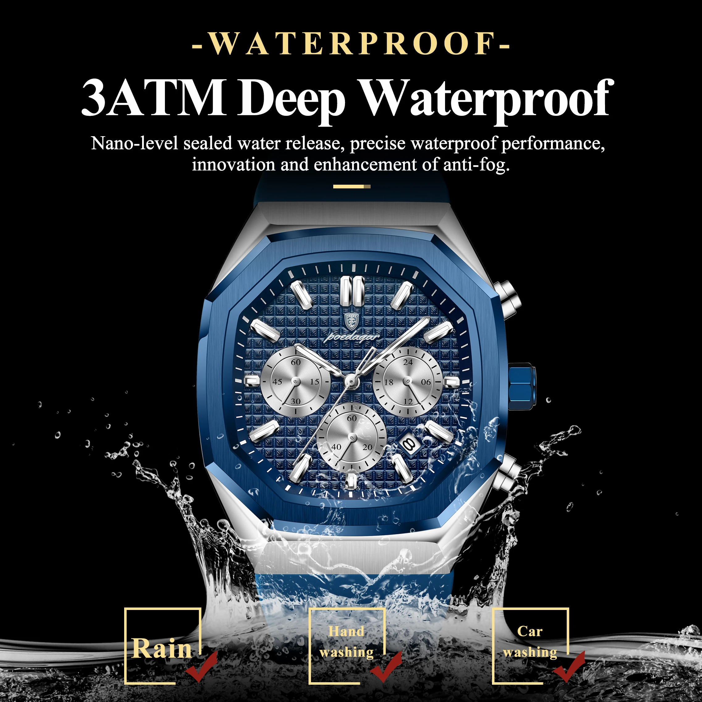 POEDAGAR رجال الأعمال ساعة كرونوغراف تاريخ سيليكون حزام كوارتز رجل ساعة مقاوم للماء مضيئة موضة ساعات للرجال Reloj