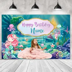 Under The Sea-Mermaid Party Backdrops Princess Girl Birthday Photography Cake Smash Green Background Shoot Customize Name Photo