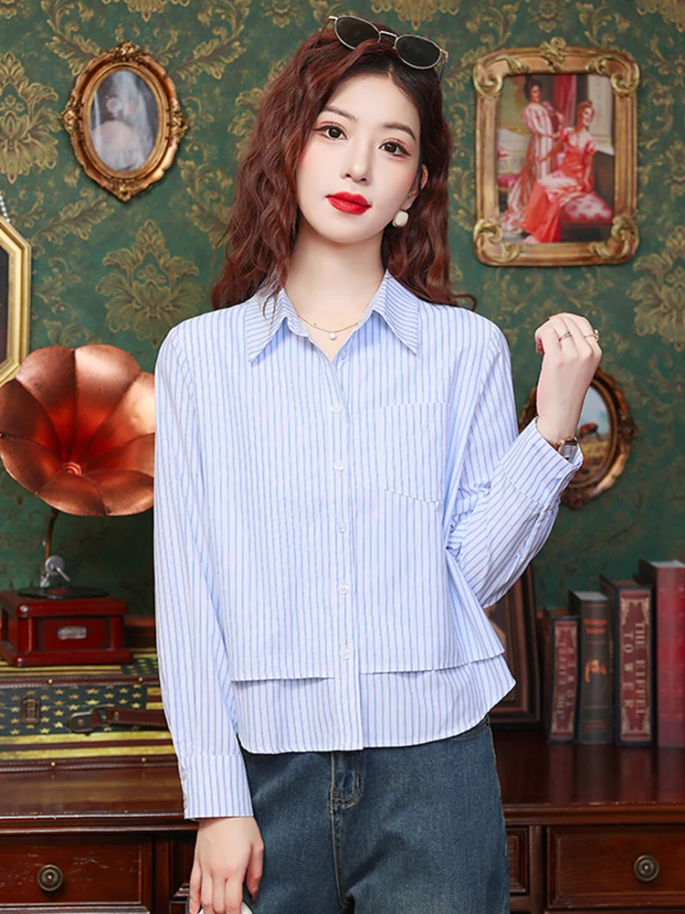 เสื้อฮ่องกงสไตล์สล ลอง สเว ลายทาง สำหรับผู้หญิง แฟชั่นฤดูใบไม้ร่วง ดีไซน์อเนกประสงค์ ทันสมัย เหมาะสำหรับใส่ทำงาน