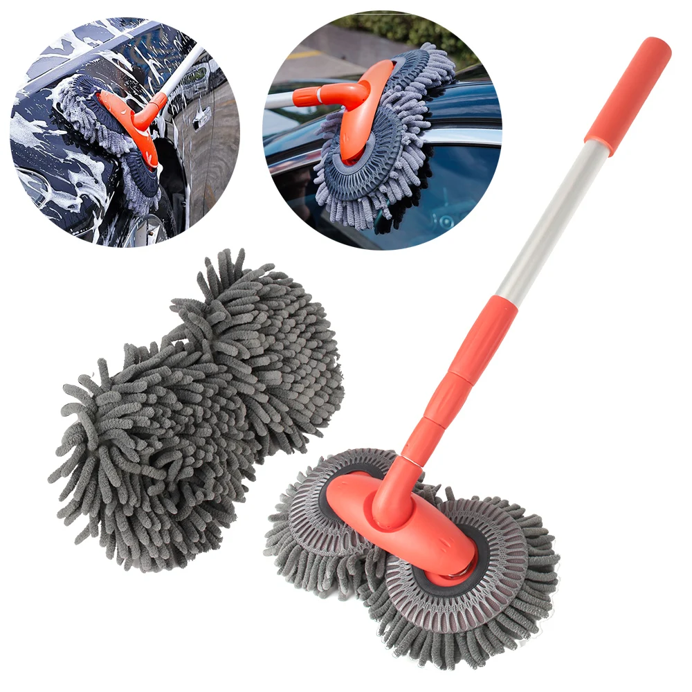 Three-Section Telescopic Rotating Roof Window Cleaning Maintenance Auto Accessories Double Brush Head Car Wash Mop