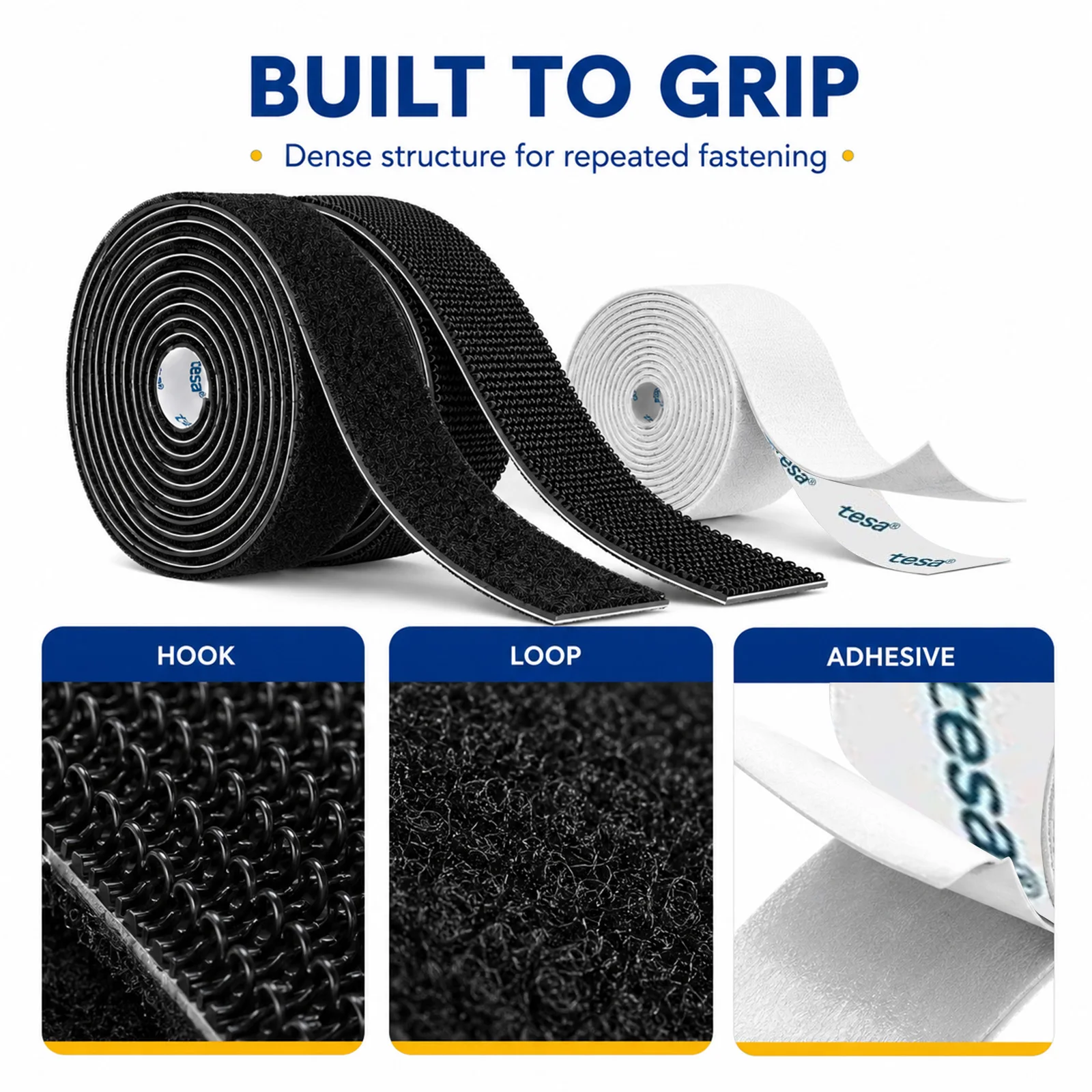 Tesa Self Adhesive Hook & Loop Tape Heavy Duty Magic Fastener Tape 2.5-10M for Indoor Outdoor Carpet Cushion Fabric Fly