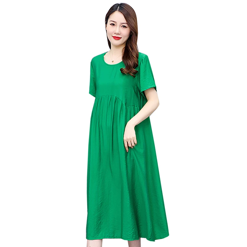 Vintage Solid colour Loose Dress Casual Short Sleeve Cotton and Linen Dress Women 2024 Summer new