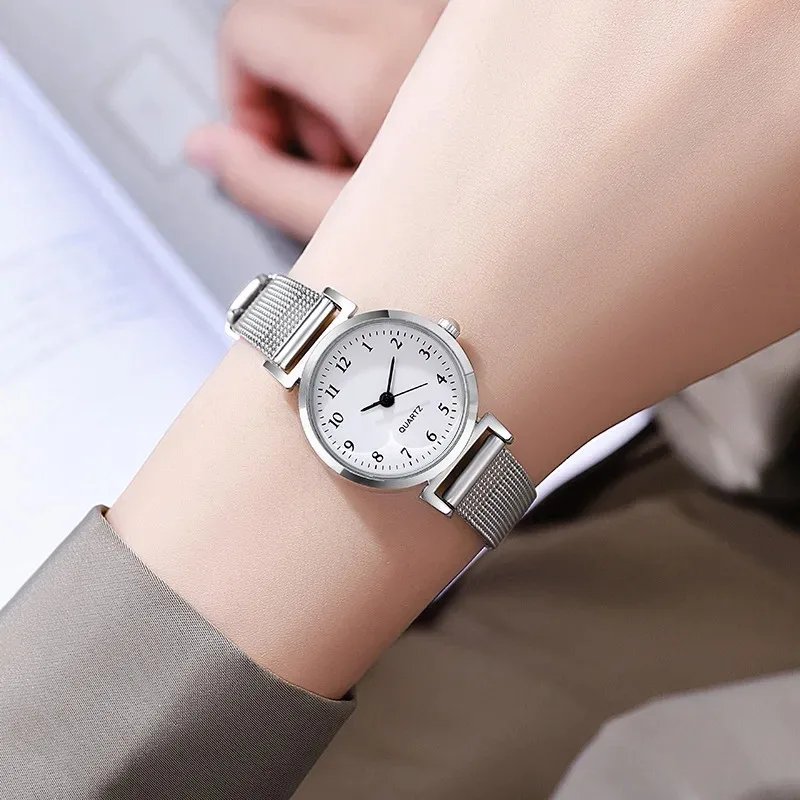 Fashion Simplicity Style Korean Women Student Watch Digital Small Dial Stainless Steel Mesh Strap Quartz Sliver Wristwatch