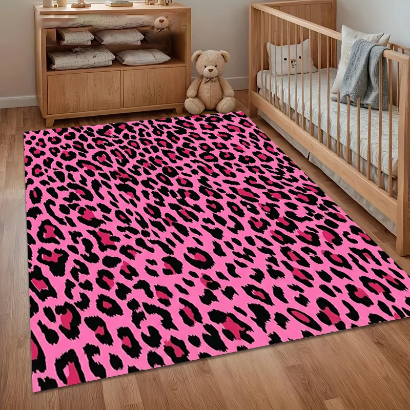 3D Zebra Stripe Leopard Print Tiger Stripe Carpet Rug for Playroom Bedroom Living Room Sofa Decor Kid Game Non-slip Mat Pink