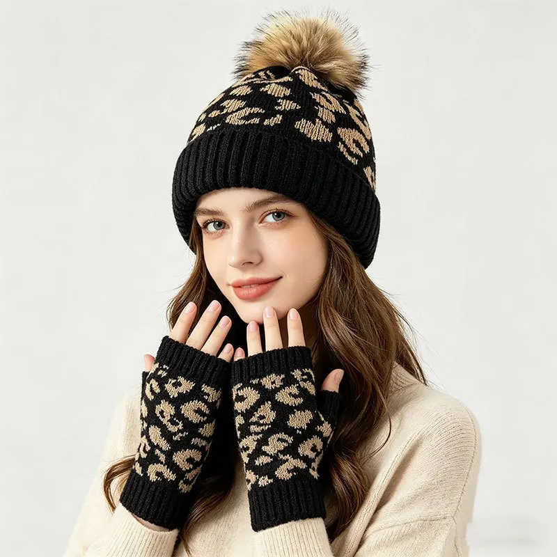 New Fashion Pom‑pom Leopard Print Beanies for Women and Men Winter Thick Plush Warm Ear‑Protective Knit Gloves 2‑Pcs Set