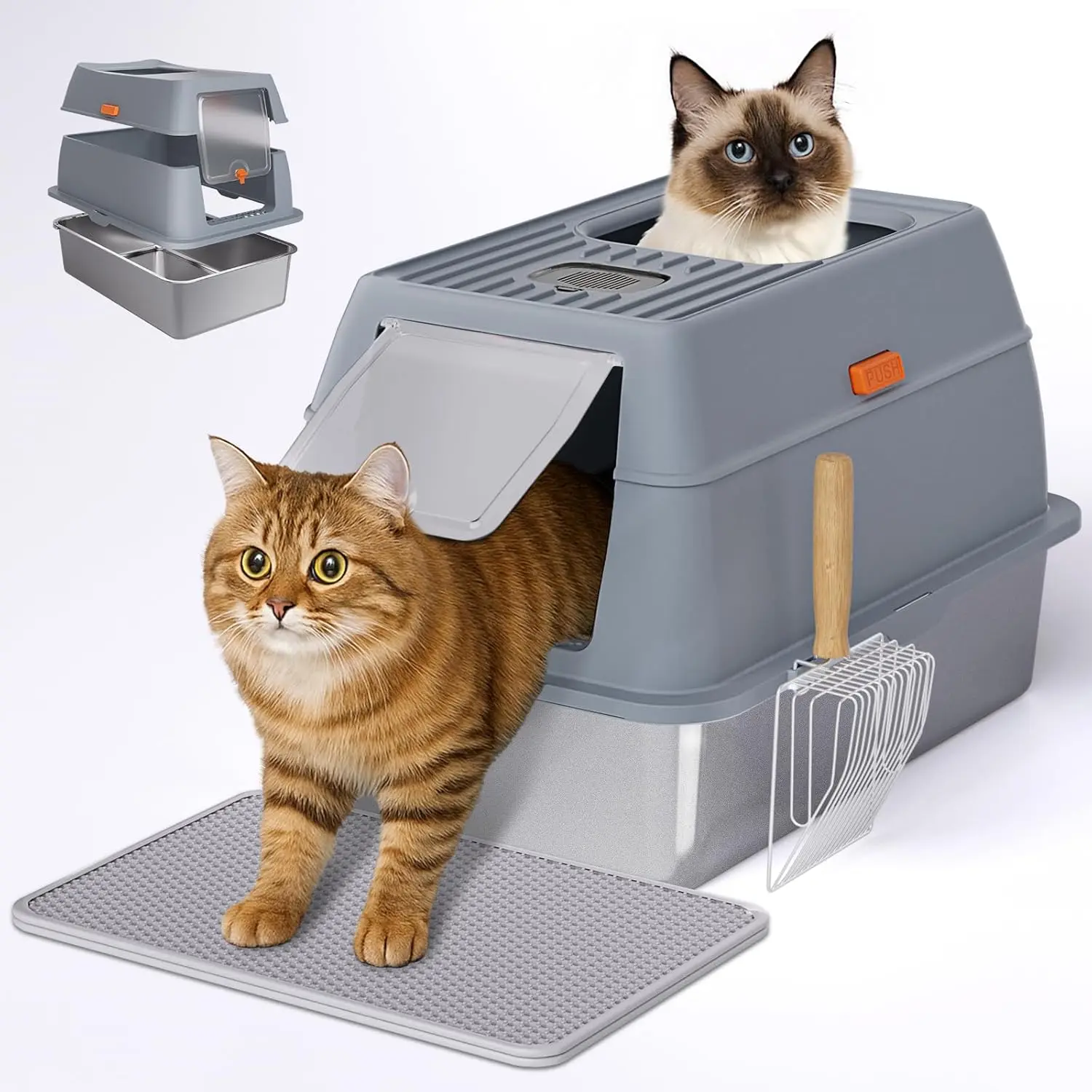 

Extra Large Stainless Steel Cat Litter Box with Lid, Dual Entry, Anti-Leak Design, Includes Mat and Scoop