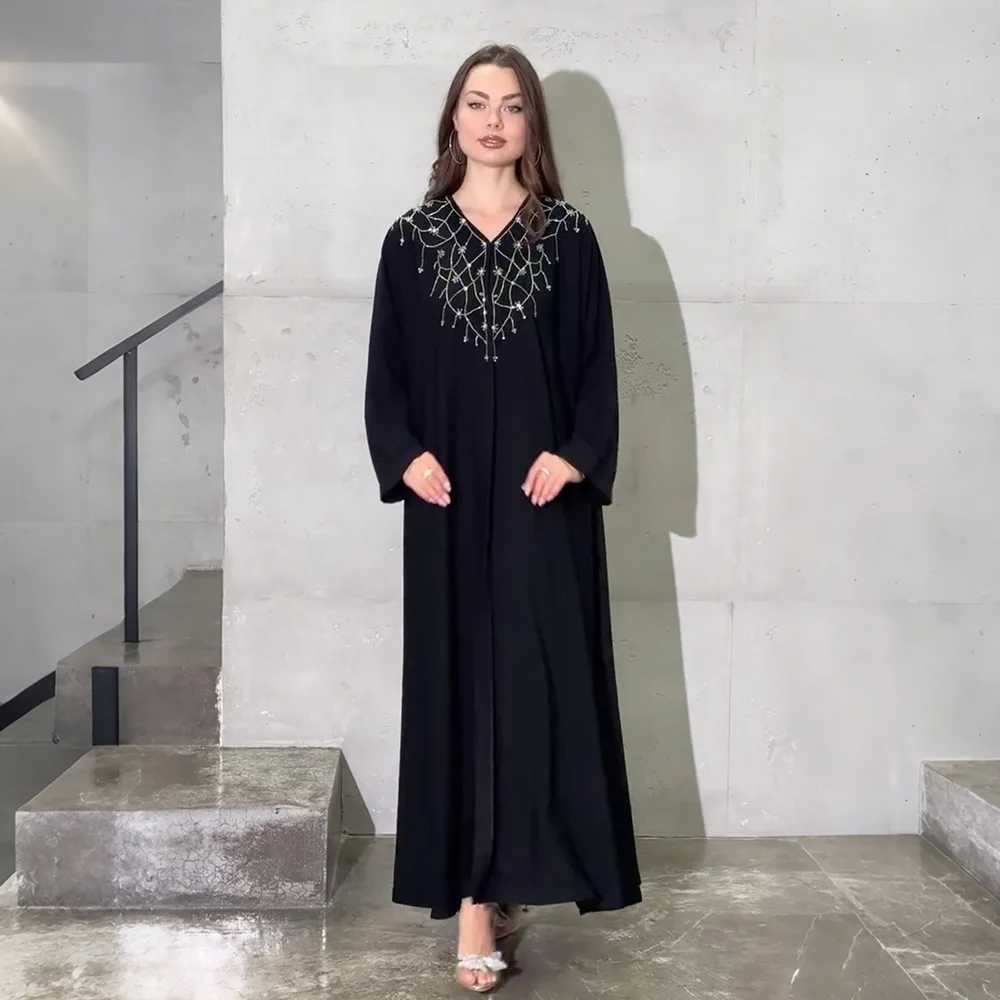 

Diamonds Inner Dress Open Kimono Abaya Muslim Set for Women Kaftan Turkey Caftan Modest Robe Femme Islam Clothing Jalabiya Arab
