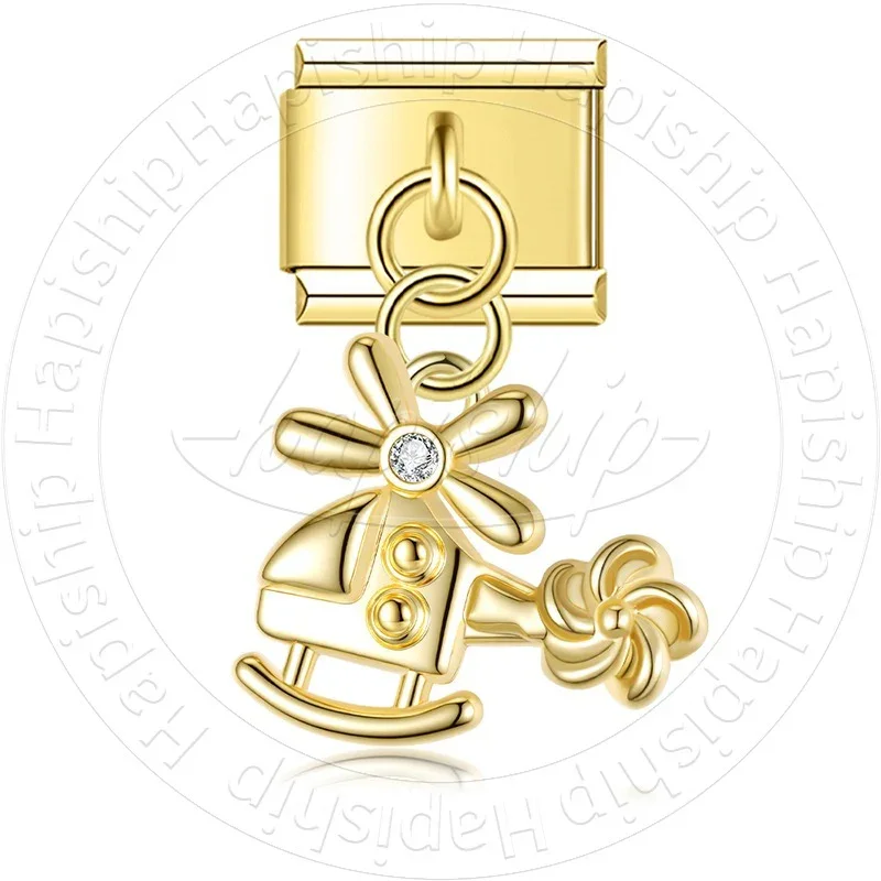 Hapiship 2026 Wholesale Golden Dog Airplane Mushroom Camera Italian Charms 9mm Bracelet Stainless Steel Women Jewelry DJ1864