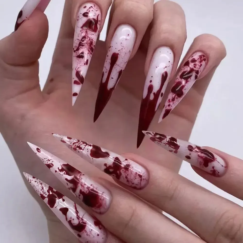 Uñas postizas con degradado sangriento en forma de murciélago, uñas postizas negras y rojas afiladas, largas y puntiagudas, acabado desmontable para Halloween, presione en las uñas