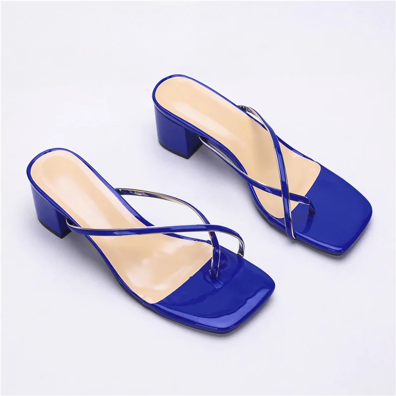 2024 European and American New Top Quality Women's Shoes Square Headed Blue Gold Edge Herringbone Toe Set Simple Women Slippers