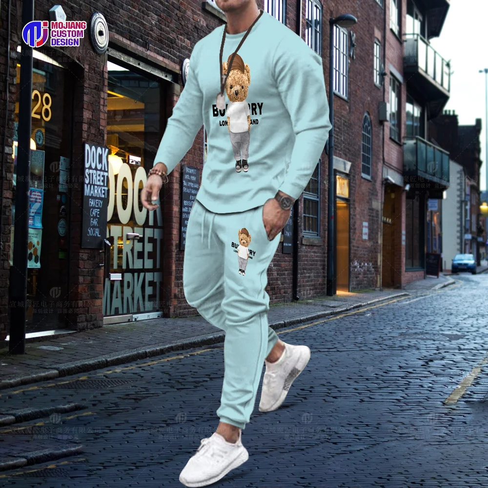 Hot Selling Korean Cotton Bear Long Sleeve T-Shirt Trousers Set Men Luxury 2 Piece Set Streetwear Summer Quality Sportswear