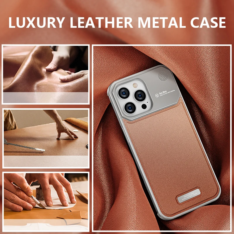 Luxury Leather Metal Phone Case for iPhone, Magsafe Wireless Charge, Aluminum Alloy, Cover for iPhone 14, 13, 15 Pro Max