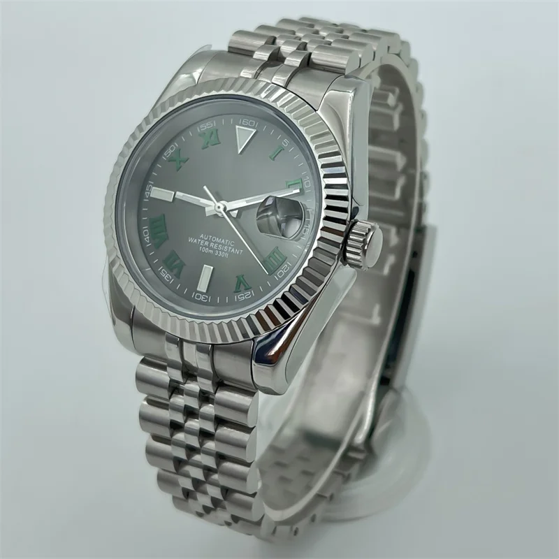 36/39mm men's wristwatch features sunburst grey dial NH35A movement dark green Roma digital sapphire glass stainless steel strap