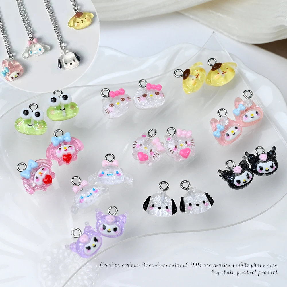 10 peças kit de amuletos de unhas kawaii sanrioed kuromi hellokitty, design de resina com parte traseira lisa brilhante/fosco para pingente de colar de capa de telefone de unha #