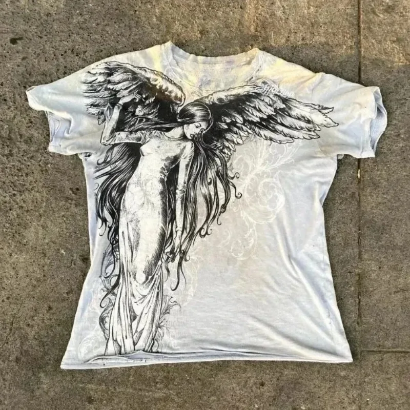 2026 Summer Y2K Gothic Printing Harajuku Style T Shirt High Street Broken Feeling Mens Short Sleeves Couple Collocation Kid Top