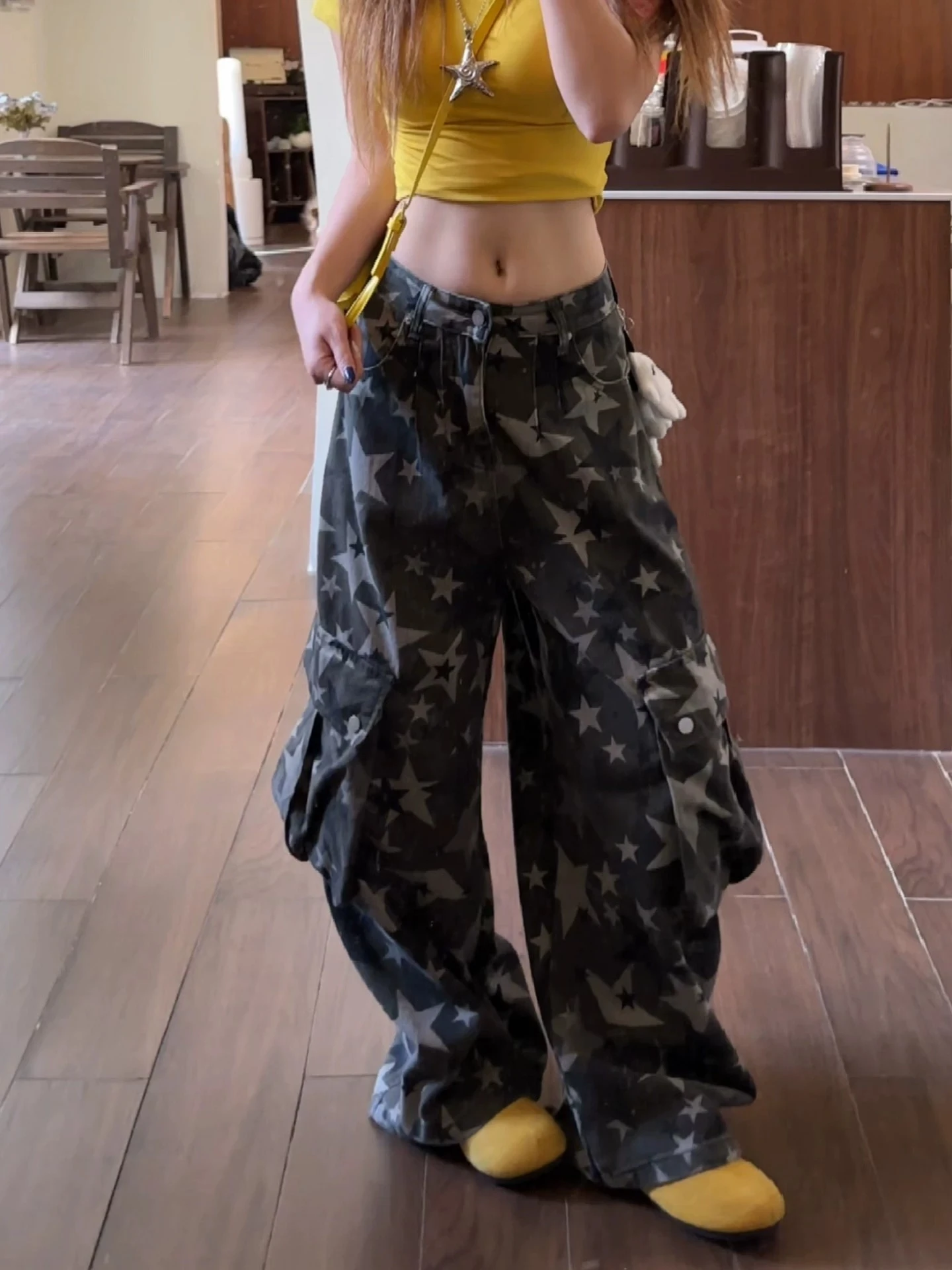 American Retro Camouflage Stardenim Pants Women's Multiple Pockets High Waist Wide Leg Knife Pants Loose Micro Flare Streetwear