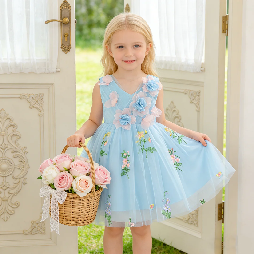182 Baby Girl Green Pretty Dress Flower Embroidery Sleeveless V Neck Design Elegant Dress