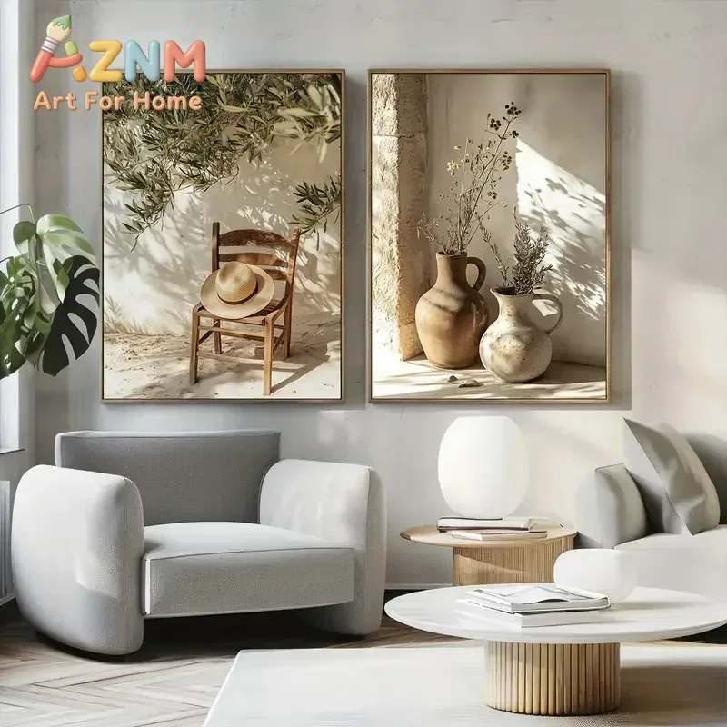 Vintage Olive Tree Straw Chair Canvas Poster Vase Mediterranean Landscape Wall Art Poster for Modern Living Room Home Decor