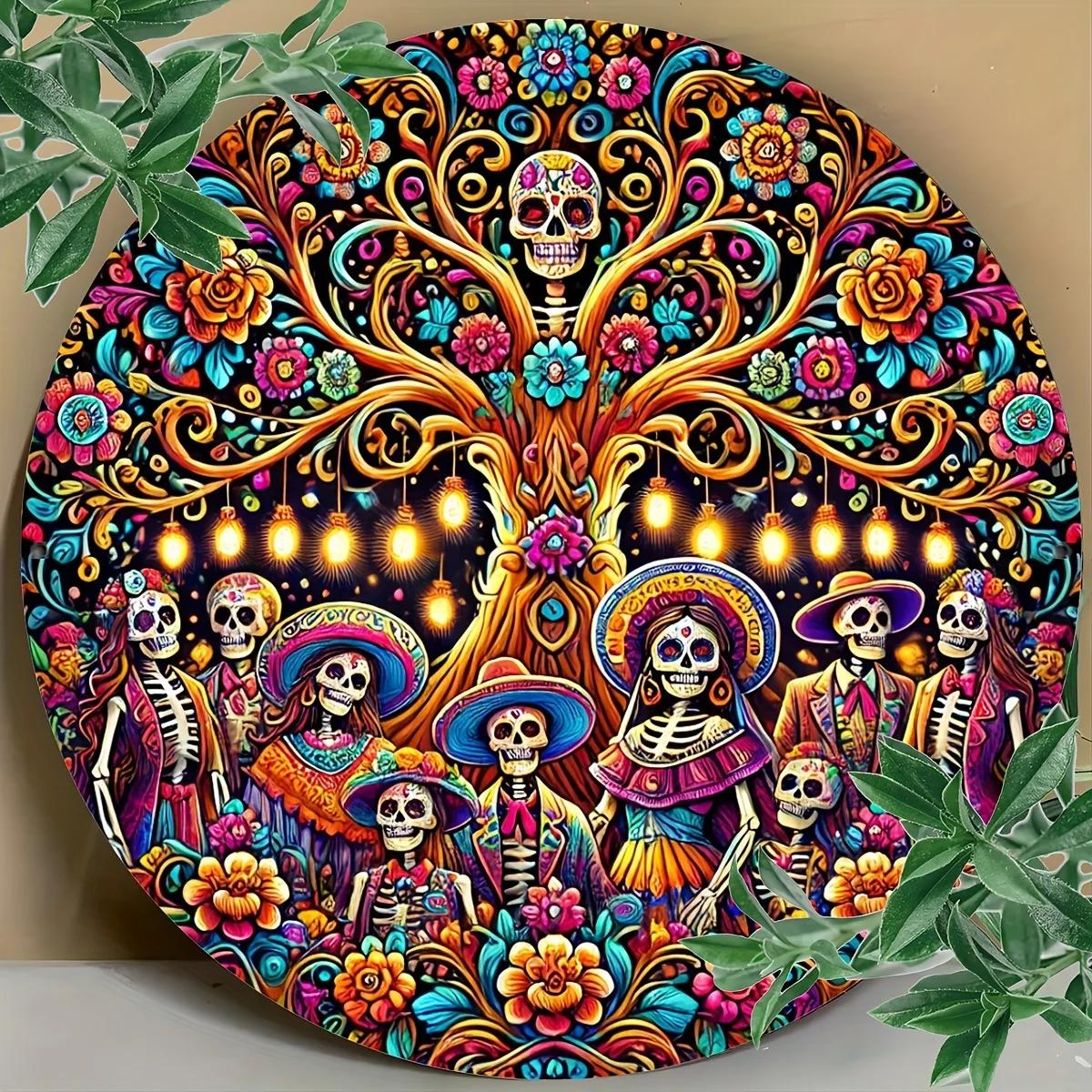 Tag der Toten und Cinco de Mayo 7,87" rundes Metallschild - Vintage-Süßerschädel-Kranz-Design für Zuhause, Veranda, Wand, Fensterdekoration -