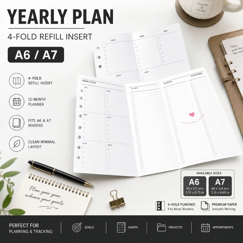 

Fromthenon A6/A7 Yearly Plan Refill Paper-Horizontal 4-Fold Loose-Leaf Inserts for Planner Notebook Organizer Replacement Pages