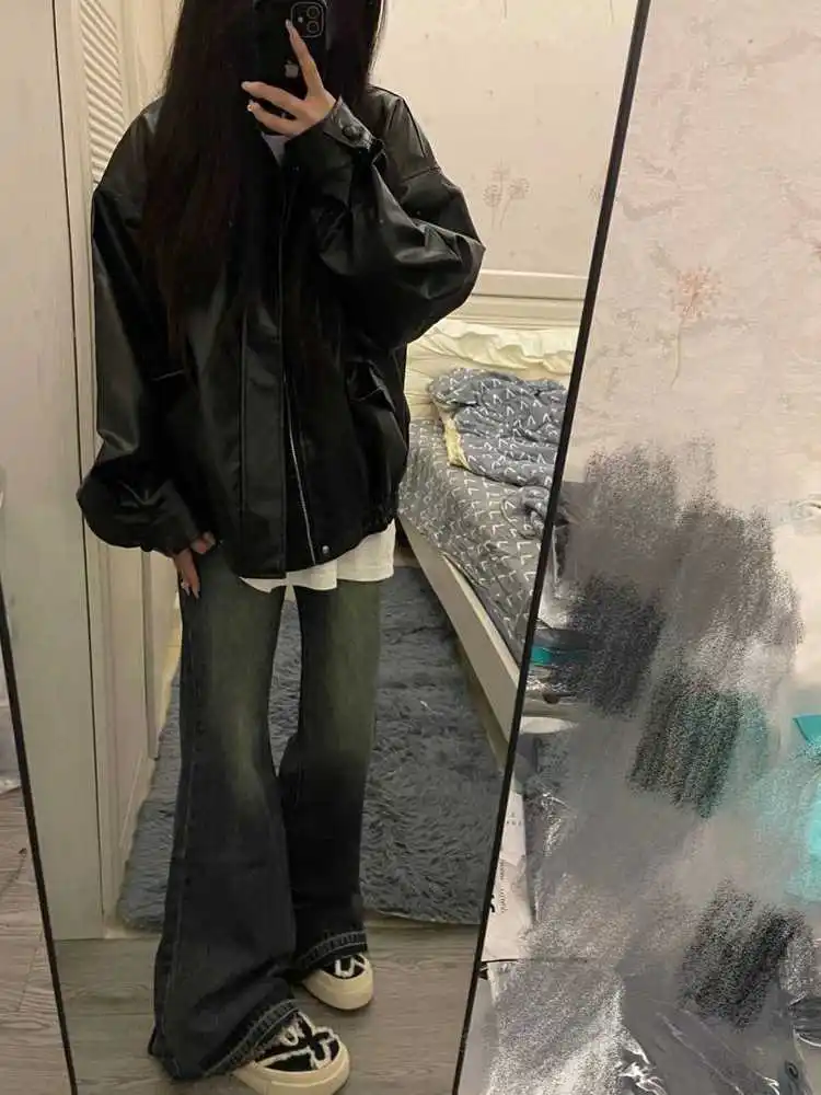 

2025 Autumn Winter Women Y2k 2000s Vintage Unisex Cleanfit Black Pu Faux Leather Racer Jacket Coat Harajuku Outwear Oversize New
