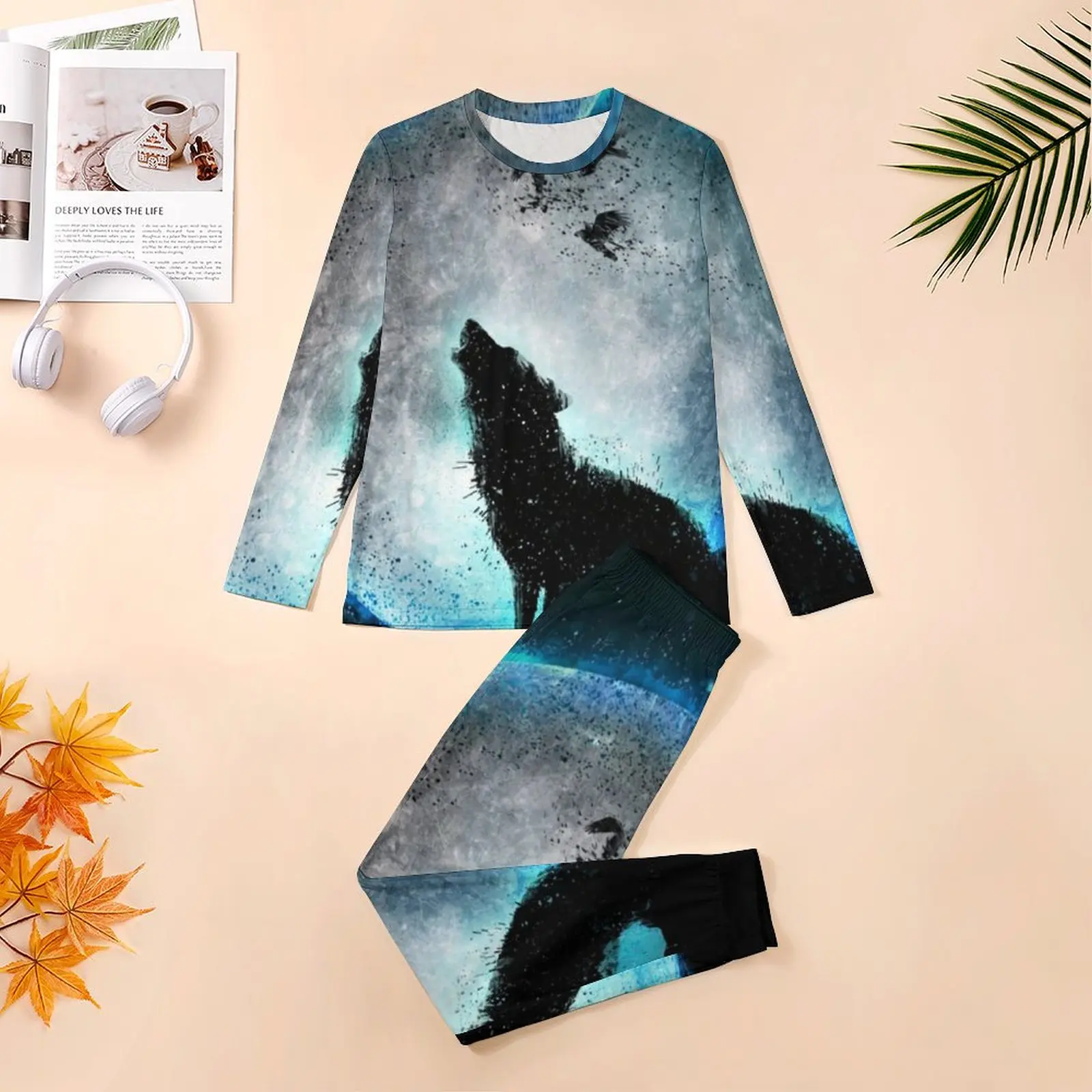 Funky Wolf Pajamas Long Sleeve Midnight Howl Two Piece Home Pajamas Set Autumn Male Design Soft Big Size Nightwear