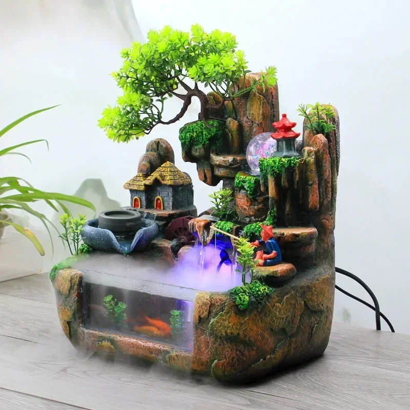 Indoor Rockery Water Fountain Ornaments Bonsai Small Fish Tank Feng Shui Wheel Crafts Waterscape Office Home Desktop Decor