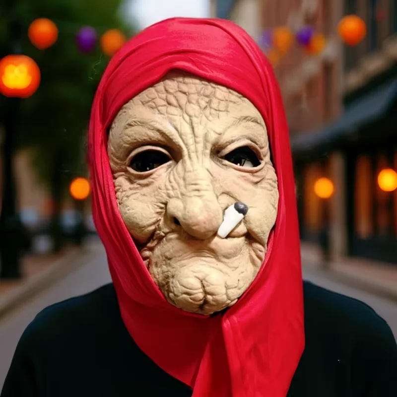 

Funny Smoking Granny Old Nana Latex Mask Lady Grandma with Wrinkled Face and Red Scarf Masks Halloween Costume Props Halloween