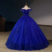 Vestidos de quinceañera azules de lujo, vestido de fiesta sin hombros, vestido de baile de flores elegante, vestido de graduación de encaje clásico, talla grande, nuevo, Verano