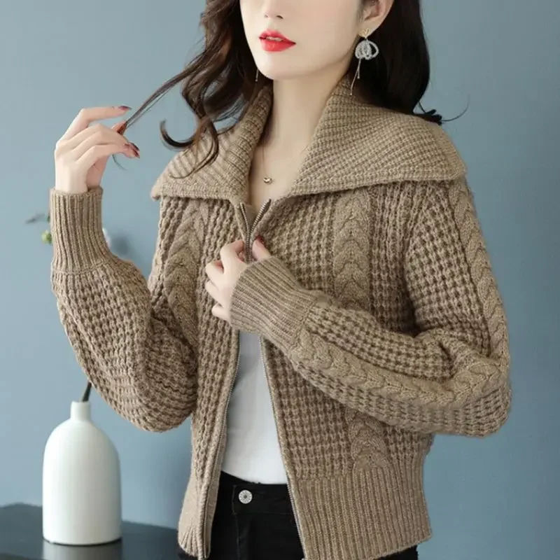 

Осень-зима шикарные однотонные утепленные свитера на молнии с отложным воротником женская одежда модный свободный вязаный кардиган для поездок на работу