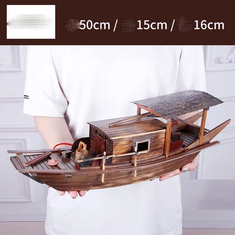 Sailing Boat Model Wooden Boat Fishing Boat Solid Wood Canopy Chinese Style Craft Boat Decoration Living Room Ornament ZE952