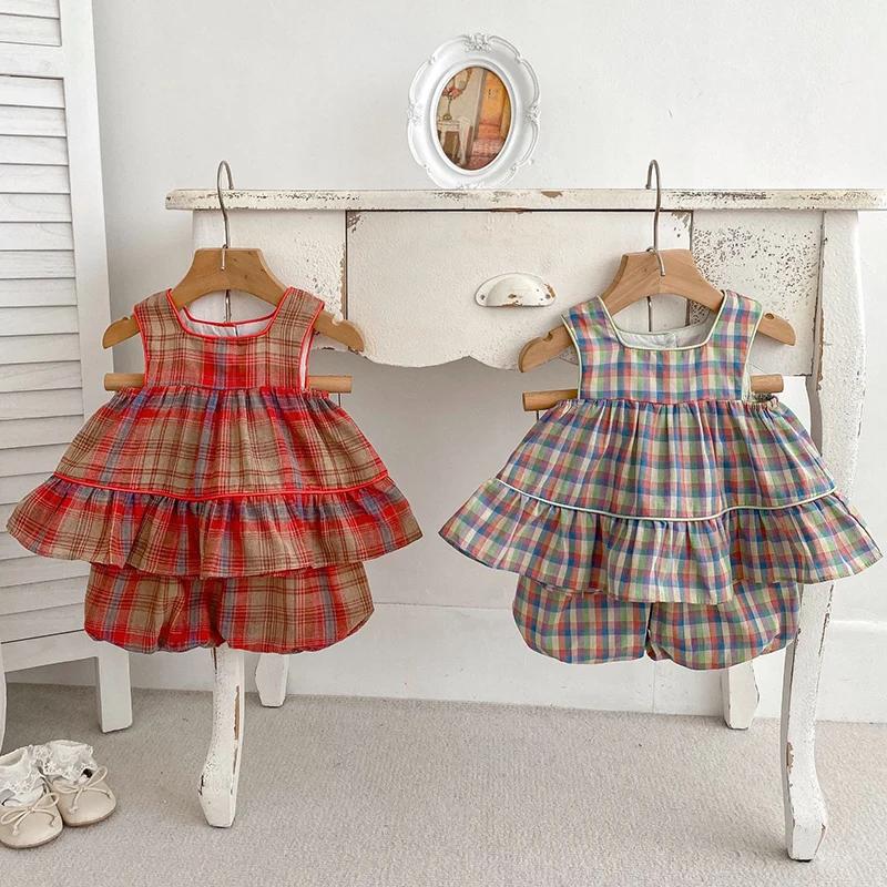 

Korean Summer New Baby Clothing Set Sleeveless Plaid Tops And Bloomer 2 PCS Girls Suit Fashion Toddler Tee Set 0-3Y