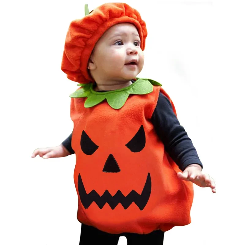 costume kids pumpkin romper with hat Boys Girls cosplay one-piece infant summer casual Halloween jumpsuit 0-5 years 2024