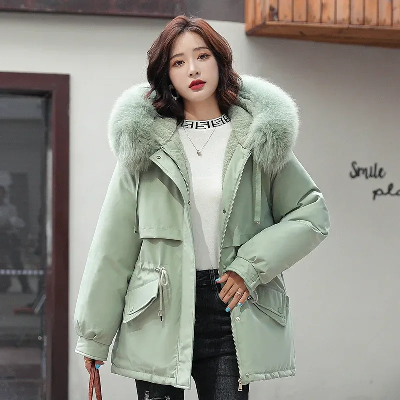 2025 Women Winter Jacket Coat Parkas Winter Clothes Fur Lining Hooded Mid Long Thicke Warm Cotton Padded Jacket Female Outwear