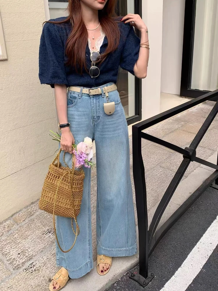 

Vintage plus size wide leg jeans women's autumn new artistic loose and casual high waisted straight leg wide leg pants