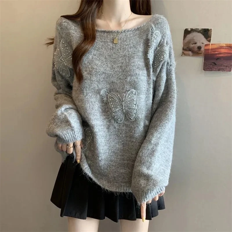 大きいサイズの女性用秋の美しいセーター2025新デザインセンス重厚な立体的な花柄の美しいニットトップベージュグレー