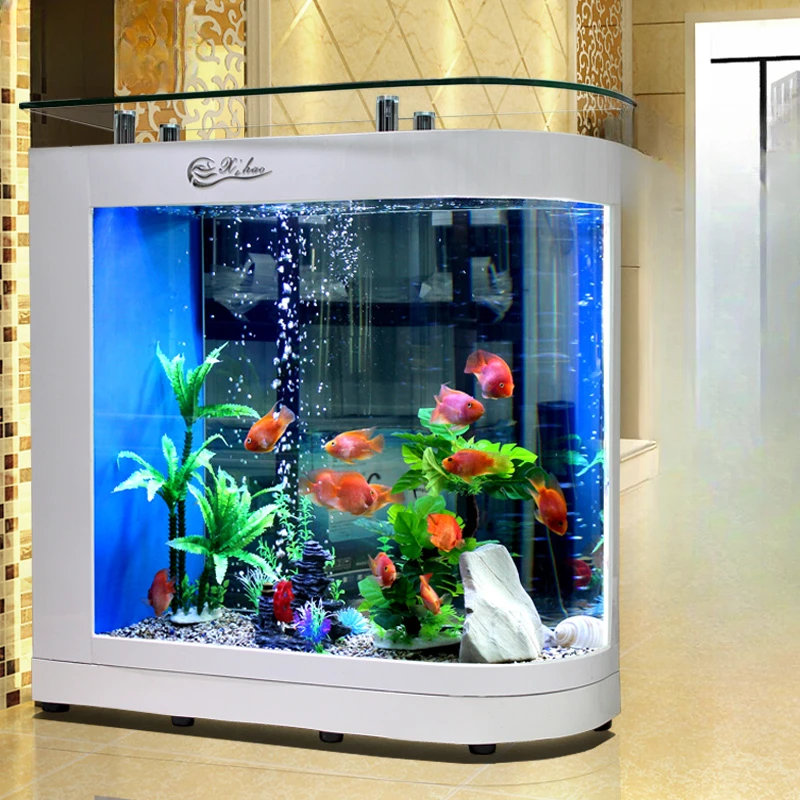 Right angled curved glass living room, home medium-sized large screen with landscape fish tank