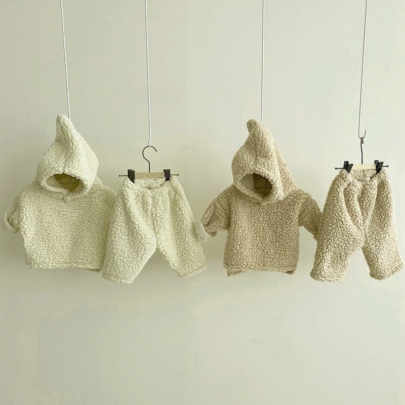 

2025 Autumn/Winter Children's New Soft Plush Warm Thick Hoodie and Pants Two Piece Set