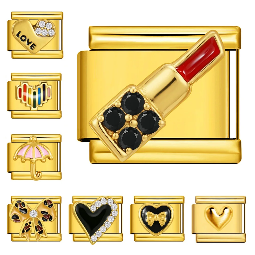 Fashion Gold Color Italian Women Bracelet Charms 9mm Links Lipstick Heart Bow Umbrella DIY Stainless Steel Jewelry Making Gift