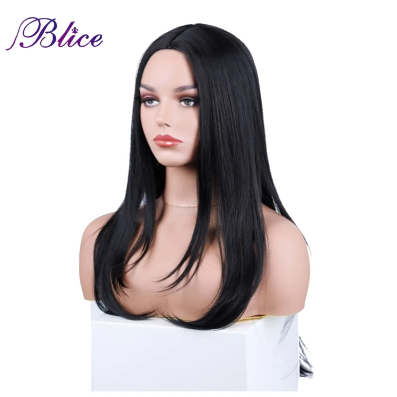 Blice Synthetic Long Wig Silk Straight Hair Extensions Natural Middle Part Women Wigs Black Color Without Bang