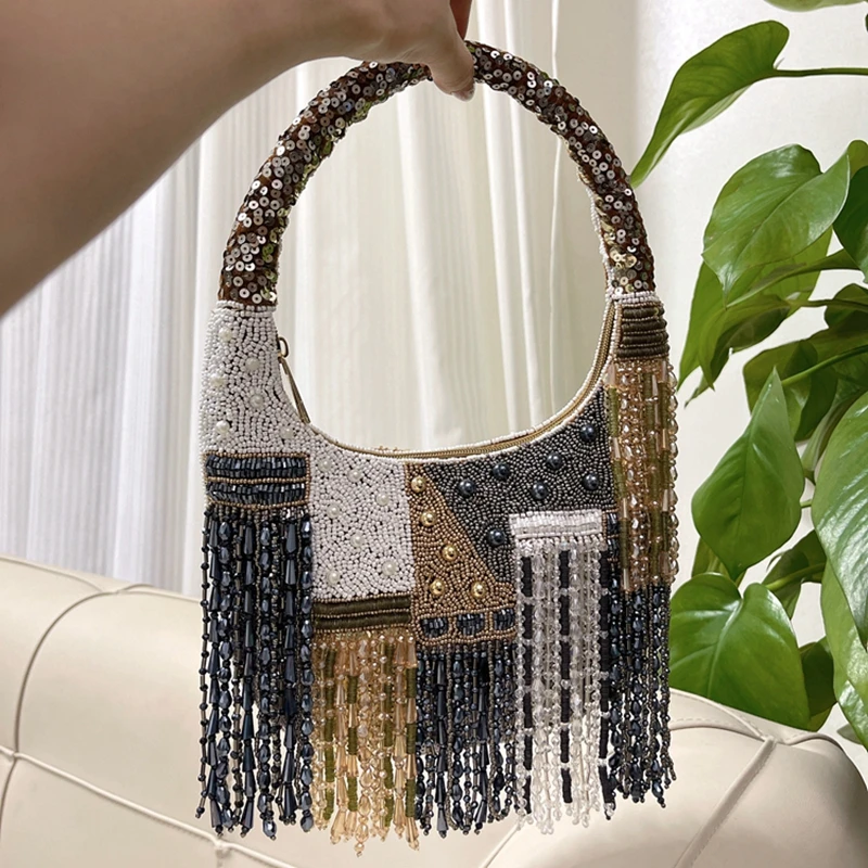 DOYUTIG Brand Indian handmade beaded tassel handbag beaded sequined one-shoulder underarm suede crescent handbag N027
