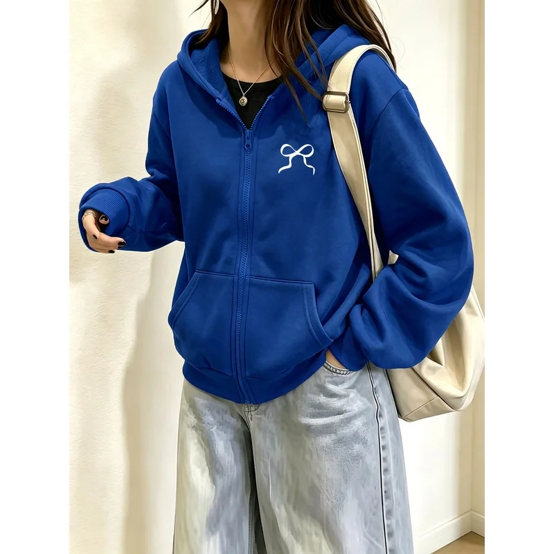 Women Apricot Bow Ribbon Line Print Zip Up Hoodie Cute Girly Minimal Full Zip Sweatshirt Kangaroo Pocket Casual Streetwear Tops