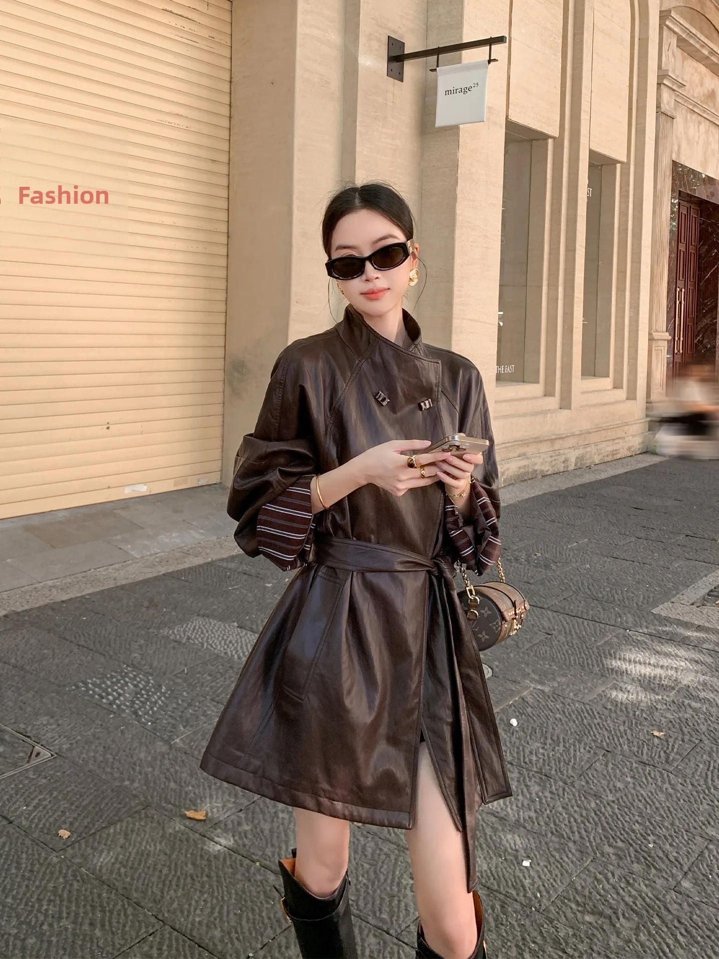 Binguo vintage listra flip-sve gola de couro jaet feminino fino ajuste outono cintura-entretendo casaco corta-vento