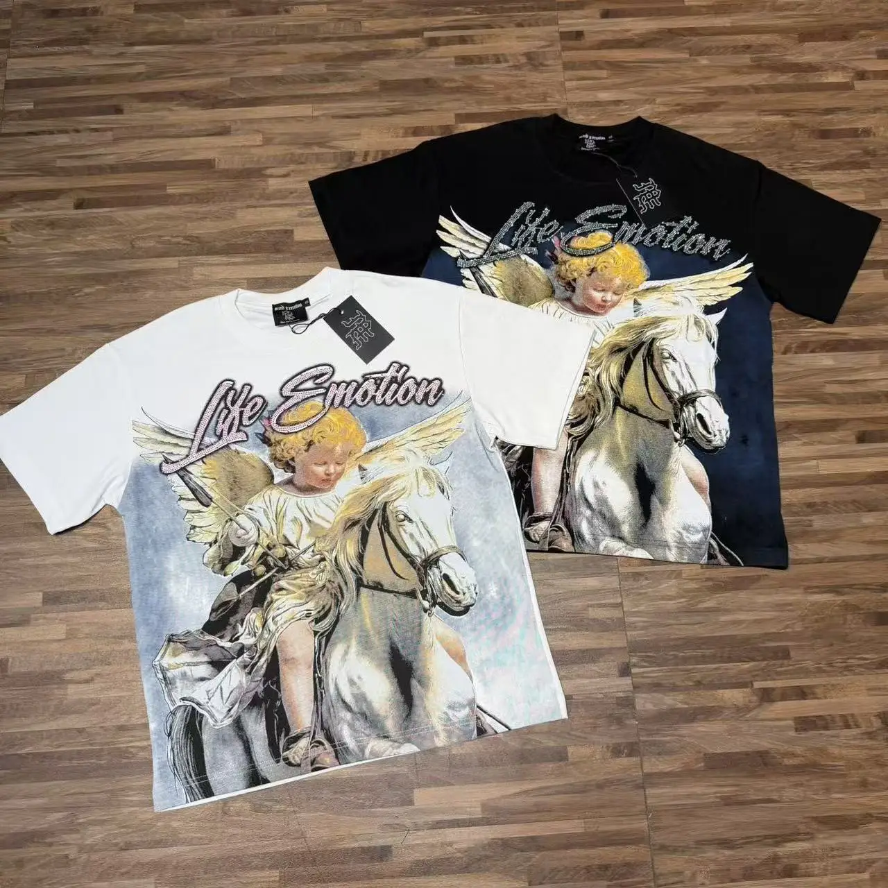Mixed Emotion American Trendy Knight Angel Print Loose Fit Short Sleeve Pure Cotton T-Shirt Street Style Heat Pressed Rhinest...