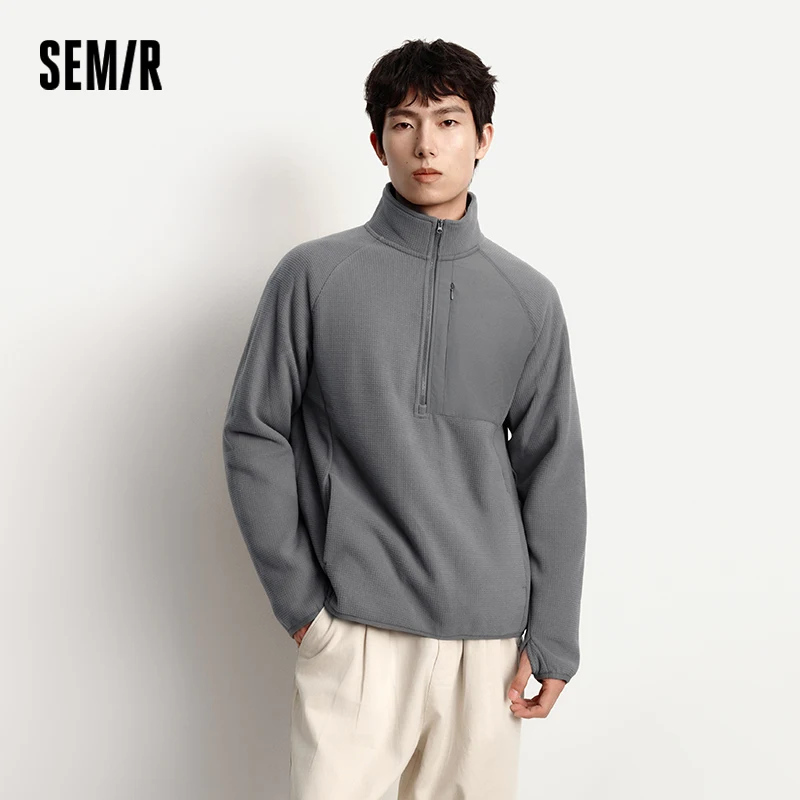 Semir Hoodie Men Warm Half-Open Placket Fleece Top Outdoor Patchwork Textured Stand Collar 2025 Winter New Men's Clothing