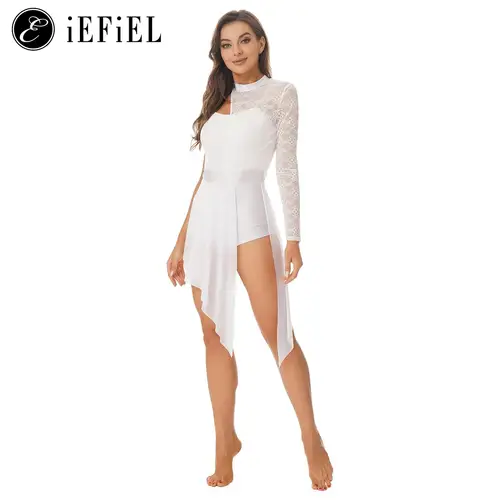 Vestido de baile lírico de encaje Floral para mujer, Pelele de gimnasia de un hombro, faldas superpuestas, traje de actuación de escenario de Ballet moderno