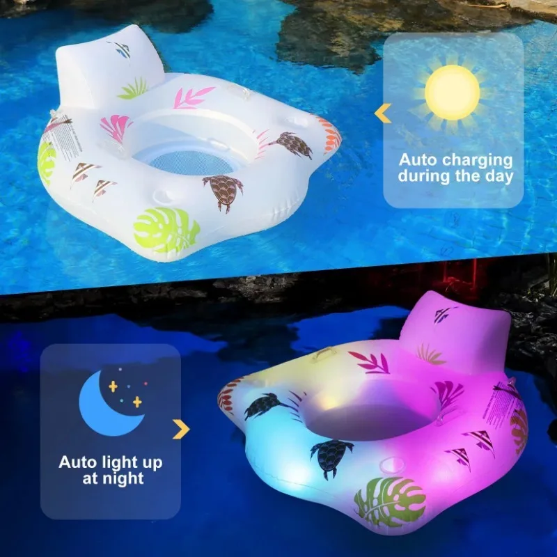 

Adult inflatable swimming ring with solar RGB LED lights, spacious back,comfortable mesh bottom, suitable for swimming parties