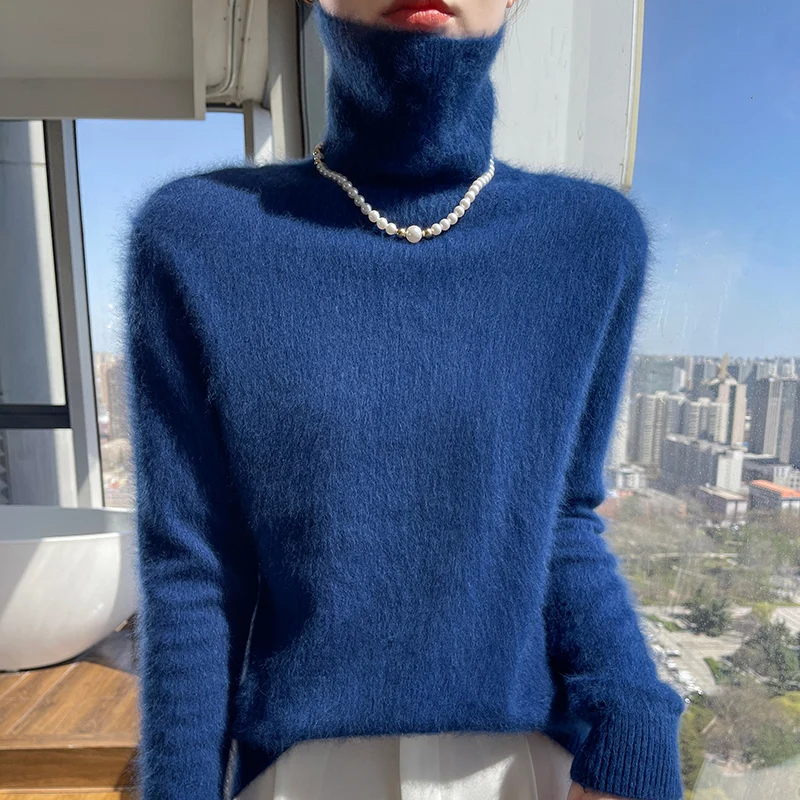 

"100% Mink Cashmere Sweater Women Autumn Winter High Neck Pullover Turtleneck Warm Knit Jumper Soft Cozy Ladies Clothing Tops"