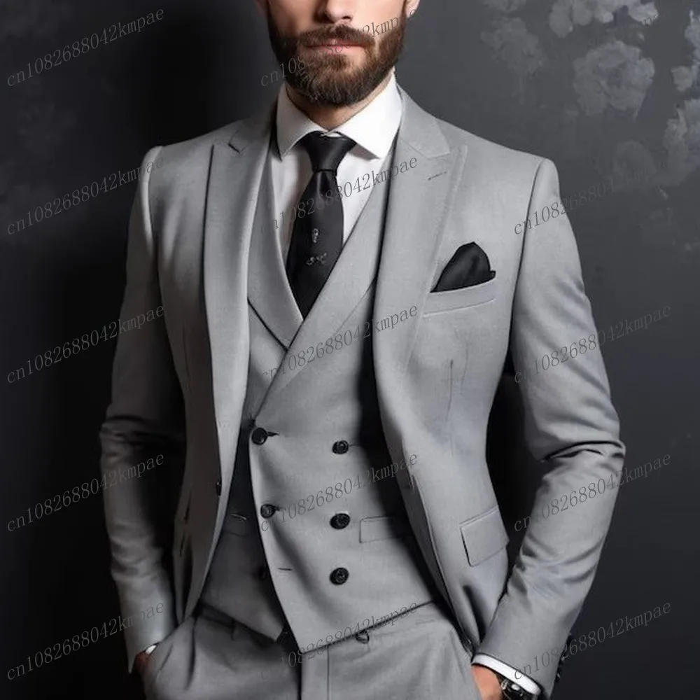 

New Formal Occasion Business Grey Men Suit Groom Groomsman Wedding Party Prom Male Tuxedos 3 Piece Set Blazer Vest Pants