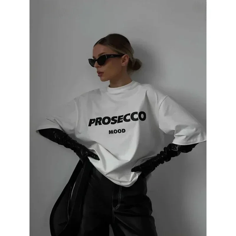 Summer New Prosecco Simpic Letter Printed T Shirt Women Cotton Soft Short Sleeve Tees Female Oversized Higt Street Gothic Tops